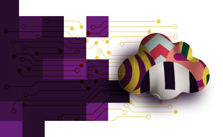 Colorful abstract cloud with geometric patterns connected to digital circuitry on a purple background.