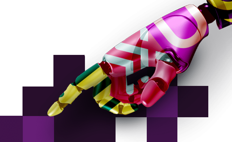 A colorful, translucent robotic hand points towards the left. It features a combination of vivid hues and geometric patterns.