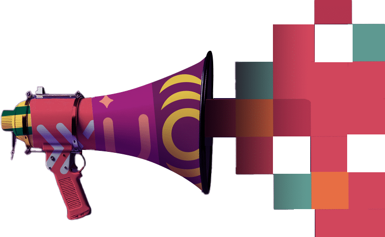 A colorful megaphone with geometric patterns emits a series of overlapping, pixelated squares in shades of red, orange, and teal.