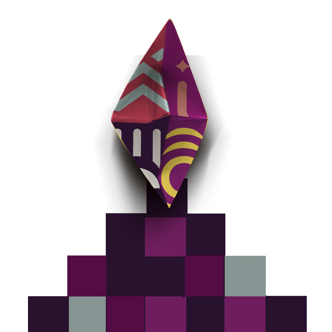 A colorful, geometric shape with purple and red patterns sits atop a pyramid of shaded squares.